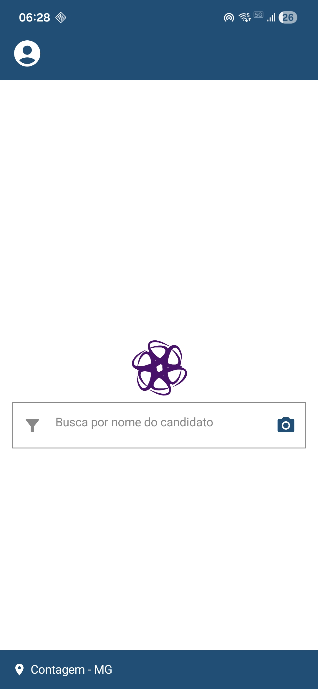Tela do aplicativo Candidato 360 mostrando busca de candidato por santinho eleitoral - funcionalidade de busca por foto